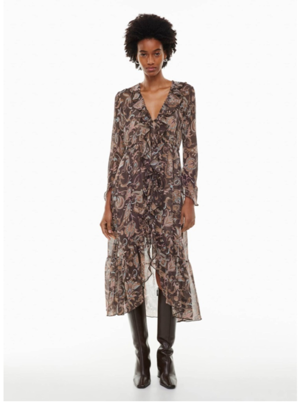 Wilfred Mina Dress Small Semi-sheer chiffon maxi dress ruffle aritzia